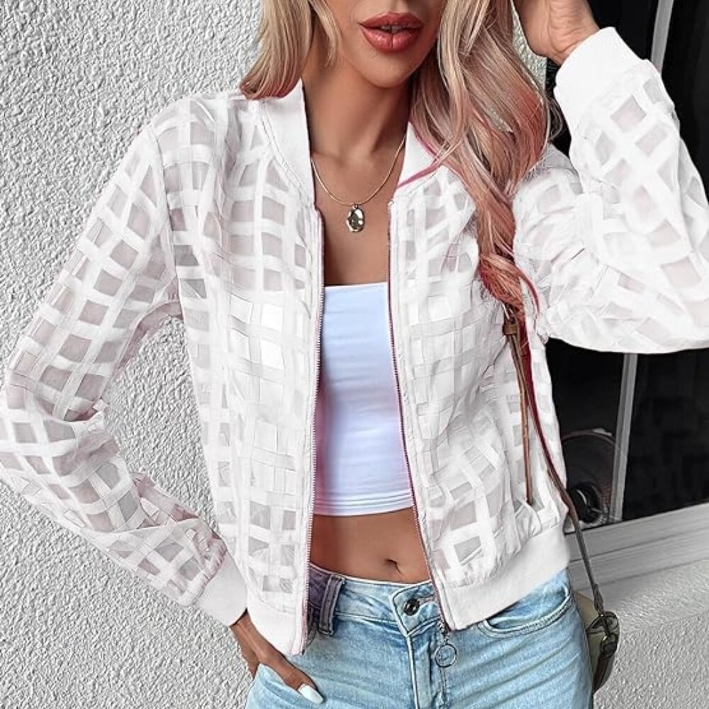 new stunning sheer bomber jacker cropped (4-colors) SM-XL  party concert CASUAL